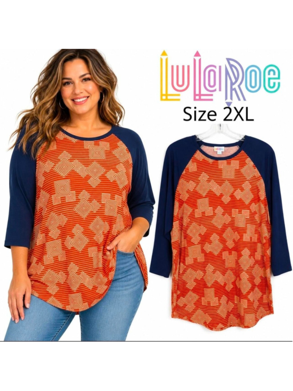 LuLaRoe 2XL Geometric Raglan Tunic Top Orange Navy Blue